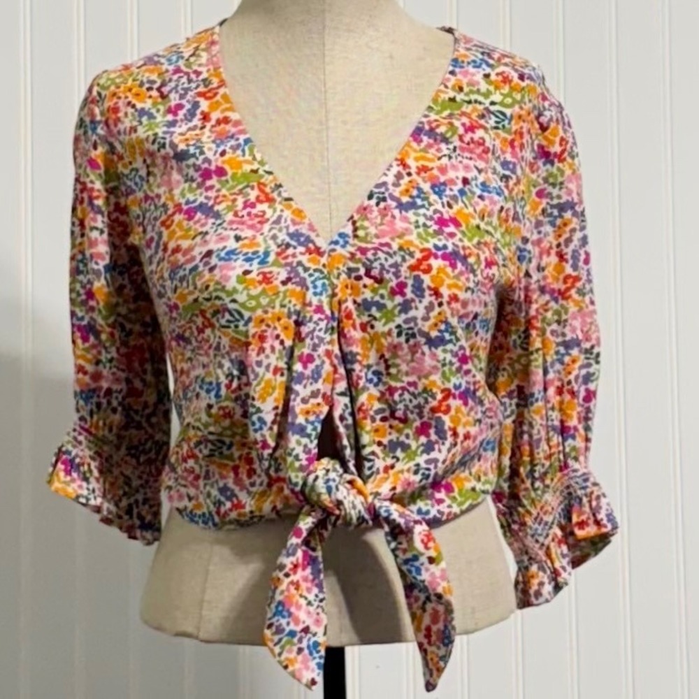 Show Me Your Mumu Womens M Kimmy Tie Top Multicolor Floral V-Neck Rayon Crop